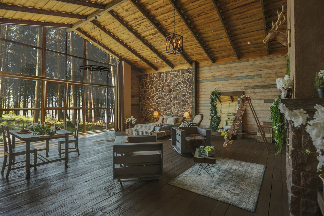 dark cozy interior of big country wooden house, wooden