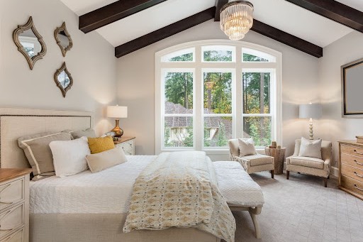 Bedroom with ideal walking space for aging in place.